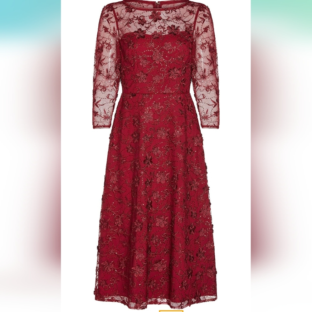 New Adrianna Papell 3D Floral Sequin Embroidery Flared Midi Dress NWT